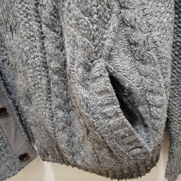 Gap Men's Mock Neck Chunky Knit Lambswool Grey Melange Cable Cardigan L Used - Picture 5 of 14